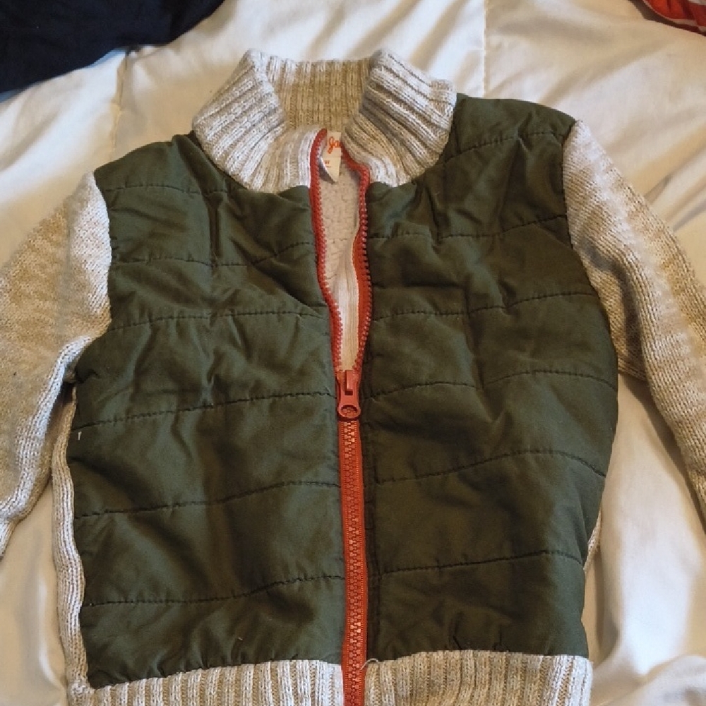 Olive Green Quilted Jacket with Cream Knit Sleeves